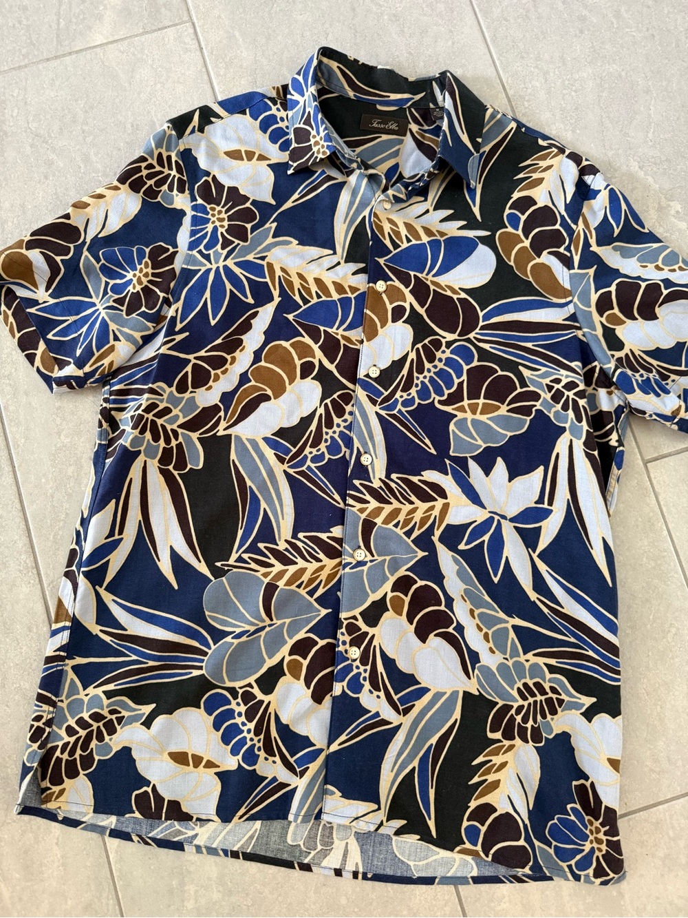Tasso Elba Navy, Brown & Cream Floral Silk Blend Camp Shirt M